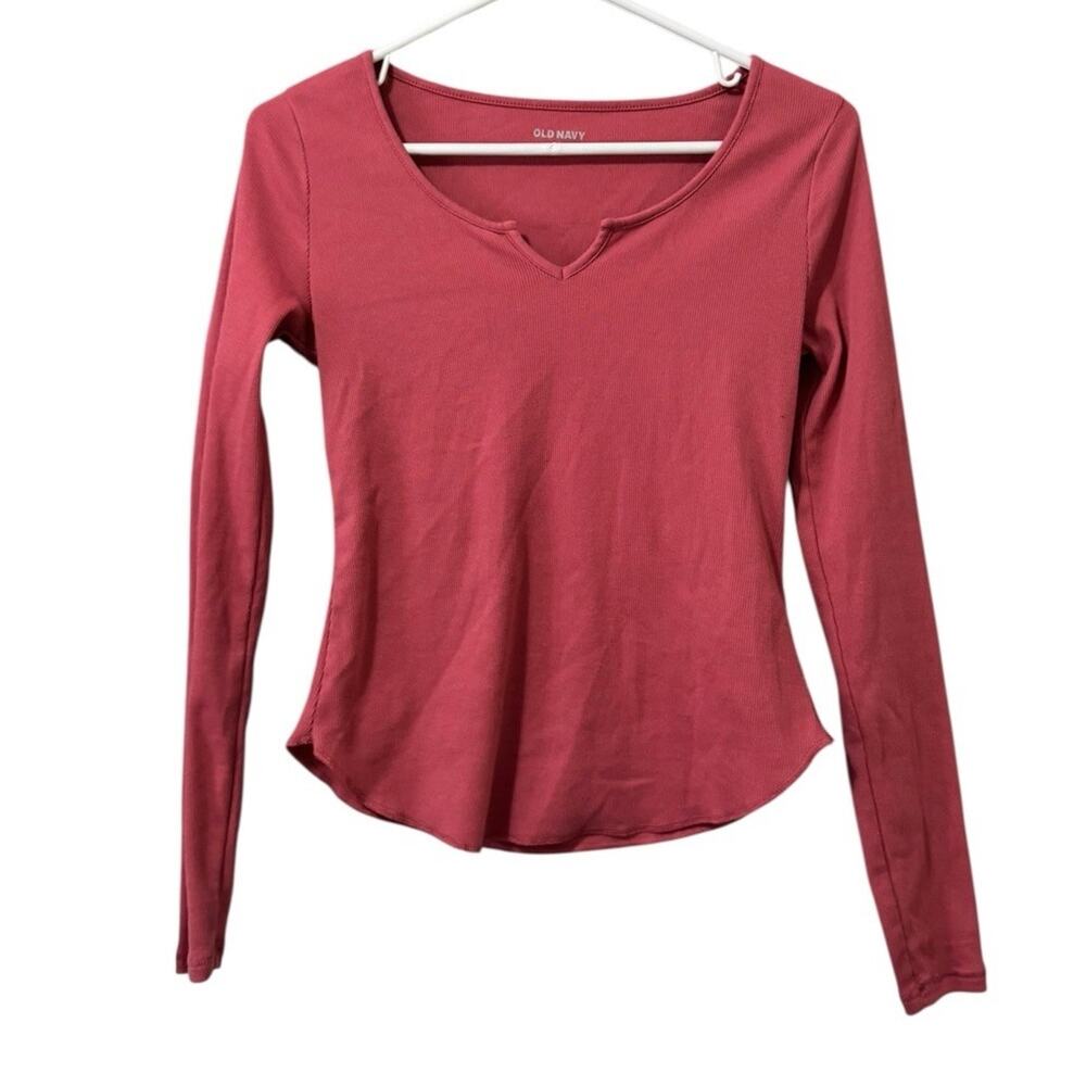 Old Navy Women Size Small Long Sleeve V Neck T Shirt Pink Ribbed Stretch Preppy